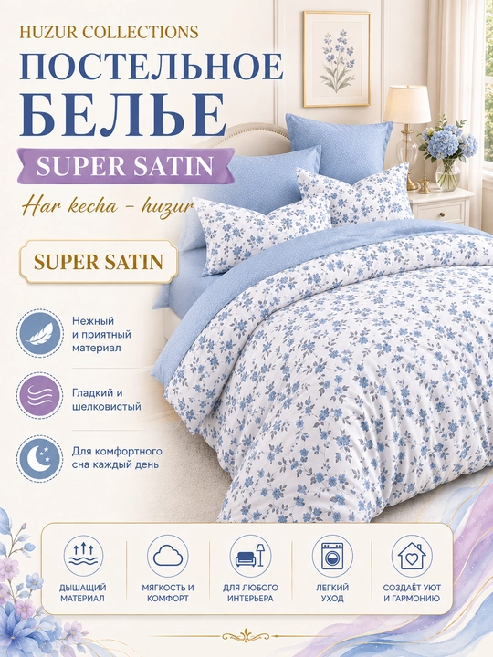 Комплект из супер-сатина 2-спальный — HUZUR COLLECTIONS, постель, мягкое 100% хлопок - 