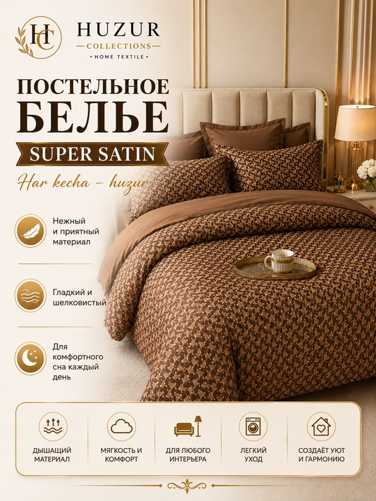 Комплект из супер-сатина 2-спальный — HUZUR COLLECTIONS, постель, мягкое 100% хлопок - 
