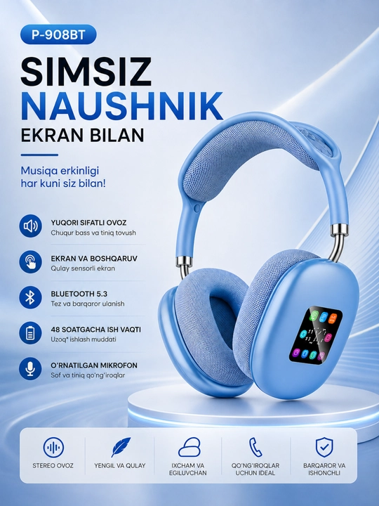 P-908BT simsiz Bluetooth sensorli ekran va mikrofonli quloqchinlar - 