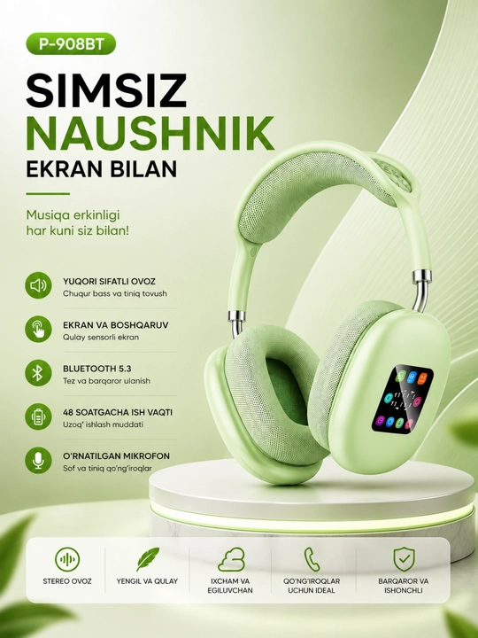 P-908BT simsiz Bluetooth sensorli ekran va mikrofonli quloqchinlar - 