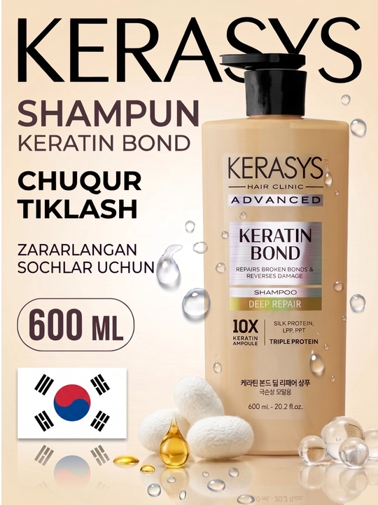 Keratinli shampun, barcha turdagi sochlar uchun, 600 ml
