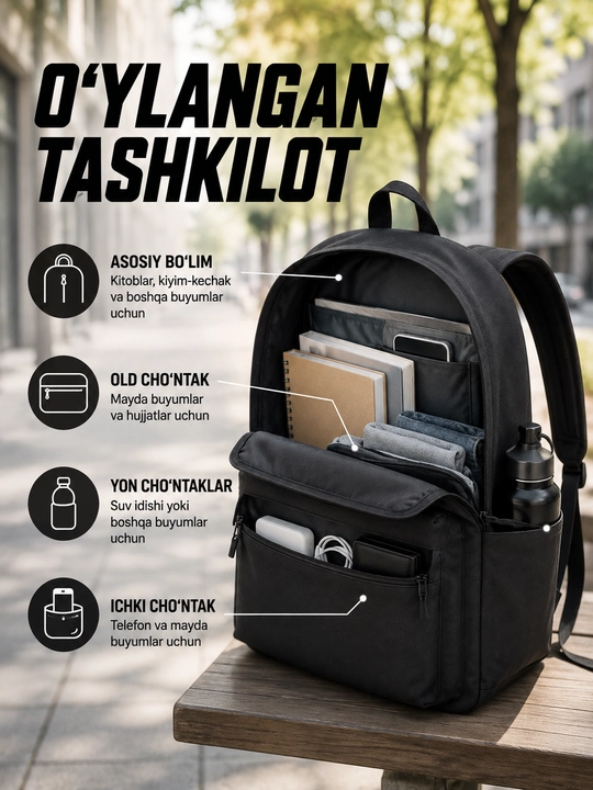 Shahar maktab ryukzagi USB quvvatlash porti bilan, suv o'tkazmaydigan, noutbuk uchun