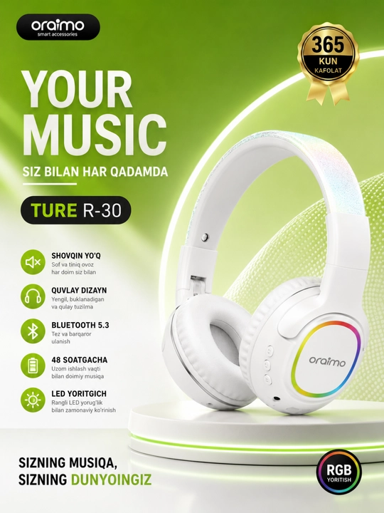 Oraimo TURE R-30 Simsiz Bluetooth Naushnik, RGB, Mikrofon, Stereo Ovoz, 48 Soat - 