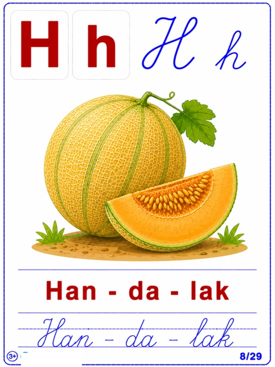 Yangi o‘zbek alifbosi — bolalar uchun kartochkalar, Harf, rasm va yozuv mashqi, 3+ yosh