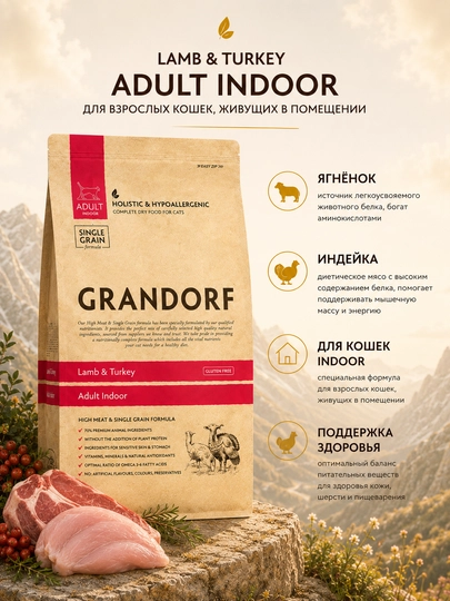 Grandorf uy mushuklari uchun quruq ovqat, qo'zichoq va kurka go'shti bilan, 2 kg - 