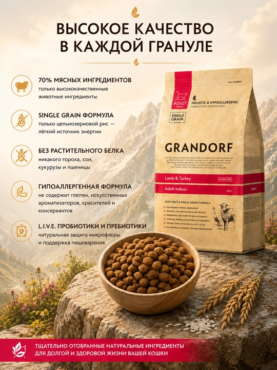 Grandorf uy mushuklari uchun quruq ovqat, qo'zichoq va kurka go'shti bilan, 2 kg