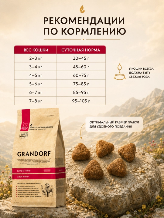 Grandorf uy mushuklari uchun quruq ovqat, qo'zichoq va kurka go'shti bilan, 2 kg