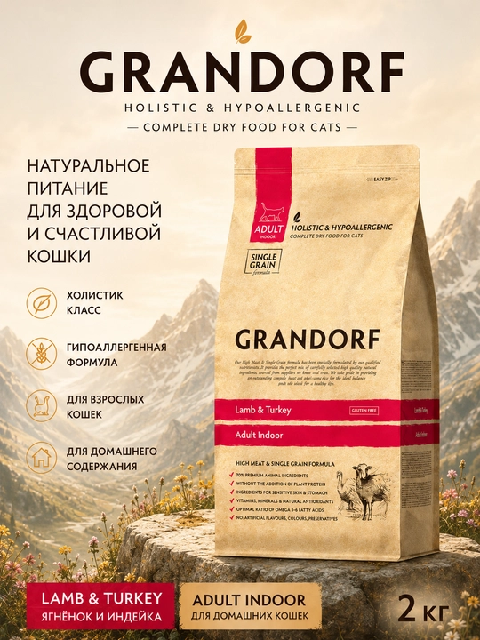 Grandorf uy mushuklari uchun quruq ovqat, qo'zichoq va kurka go'shti bilan, 2 kg