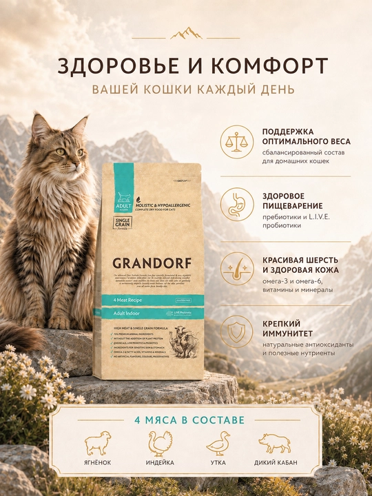 Uy mushuklari uchun to‘rt xil go‘shtli Grandorf quruq ozuqasi, 2 kg