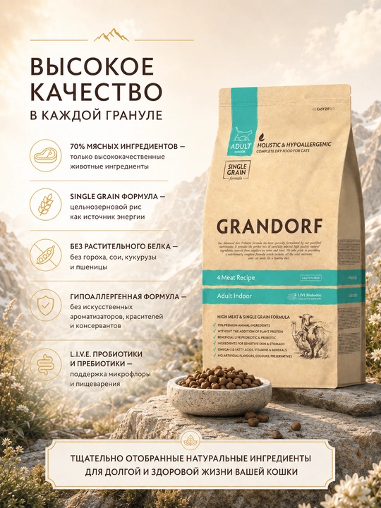 Uy mushuklari uchun to‘rt xil go‘shtli Grandorf quruq ozuqasi, 2 kg