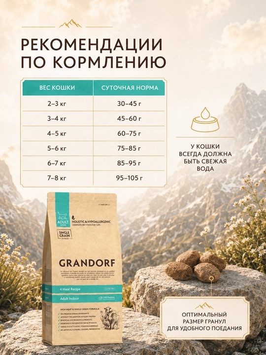 Uy mushuklari uchun to‘rt xil go‘shtli Grandorf quruq ozuqasi, 2 kg