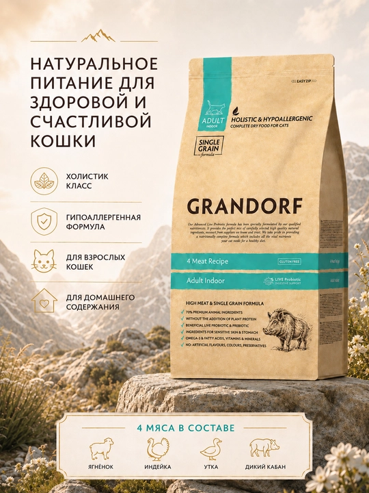 Uy mushuklari uchun to‘rt xil go‘shtli Grandorf quruq ozuqasi, 2 kg