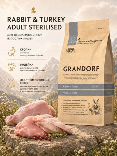 Grandorf sterilizatsiya qilingan mushuklar uchun quyon va kurka goshtli holistik, 2 kg - 