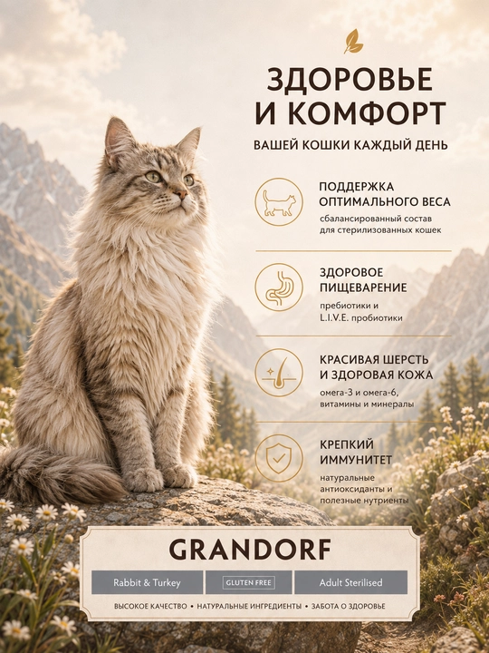 Grandorf sterilizatsiya qilingan mushuklar uchun quyon va kurka goshtli holistik, 2 kg