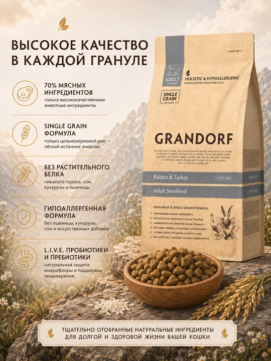 Grandorf sterilizatsiya qilingan mushuklar uchun quyon va kurka goshtli holistik, 2 kg