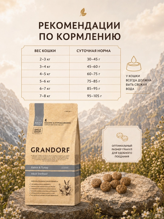 Grandorf sterilizatsiya qilingan mushuklar uchun quyon va kurka goshtli holistik, 2 kg