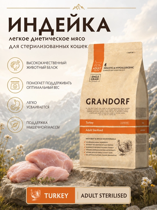 Grandorf, sterilizatsiya qilingan mushuklar uchun, moljallangan kurka goshtli , 2 kg - 