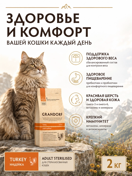 Grandorf, sterilizatsiya qilingan mushuklar uchun, moljallangan kurka goshtli , 2 kg