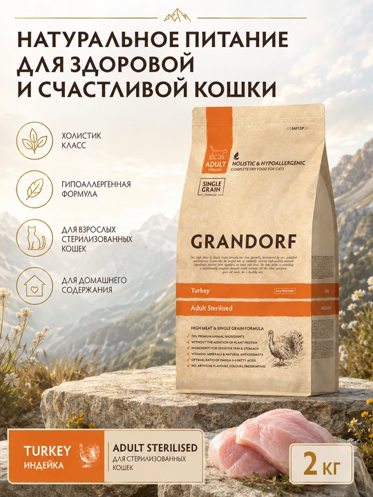 Grandorf, sterilizatsiya qilingan mushuklar uchun, moljallangan kurka goshtli , 2 kg