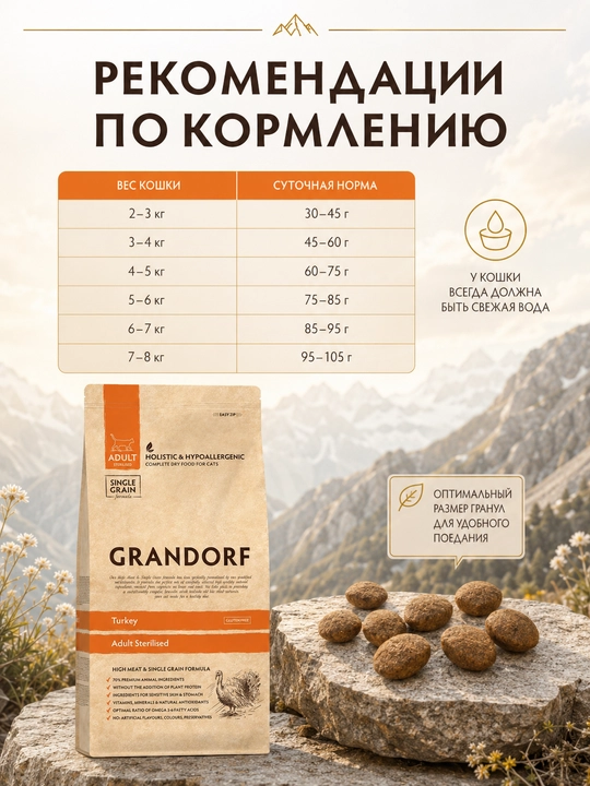 Grandorf, sterilizatsiya qilingan mushuklar uchun, moljallangan kurka goshtli , 2 kg