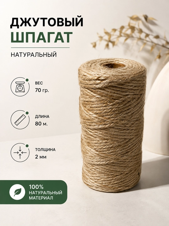 Джутовый шпагат натуральный, кручёная джутовая нить для рукоделия, декора и упаковки - 