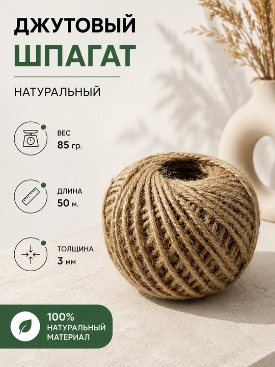 Джутовый шпагат натуральный, кручёная джутовая нить для рукоделия, декора и упаковки - 
