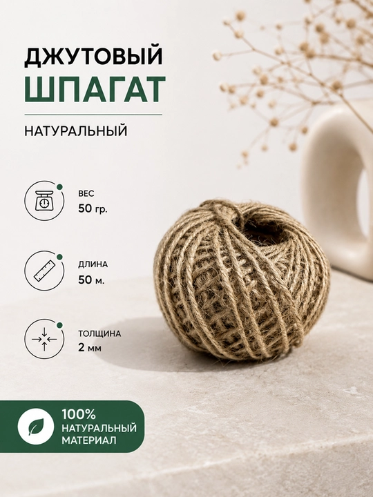 Джутовый шпагат натуральный, кручёная джутовая нить для рукоделия, декора и упаковки - 