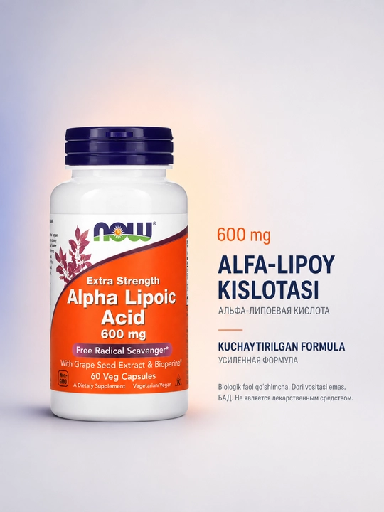 NOW Foods, альфа-липоевая кислота, 600 мг-100 mg, 60 растительных капсул - 