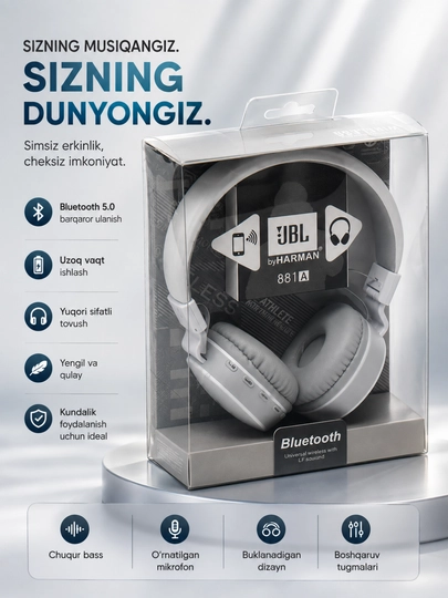 Kuchli bas va uzoq muddat xizmat qiladigan JBL 881A Bluetooth simsiz quloqchinlari - 