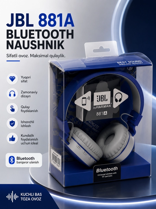 Kuchli bas va uzoq muddat xizmat qiladigan JBL 881A Bluetooth simsiz quloqchinlari - 