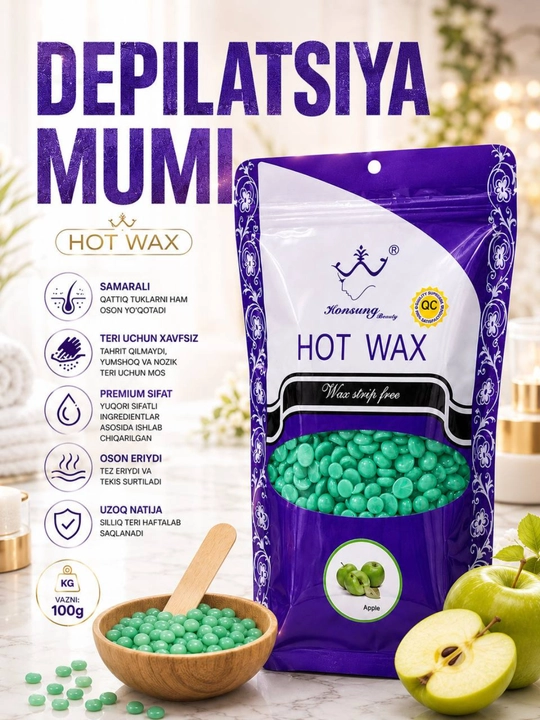 Горячий воск, воск в гранулах, воск для депиляции, hot wax, 100 г, зеленый воск - 