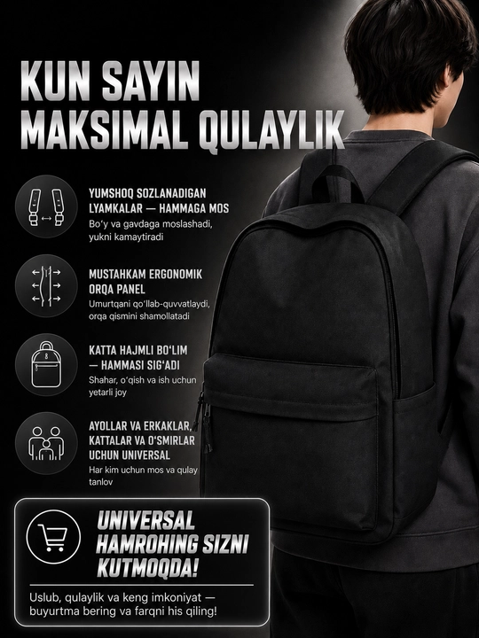 Shahar maktab ryukzagi USB quvvatlash porti bilan, suv o'tkazmaydigan, noutbuk uchun