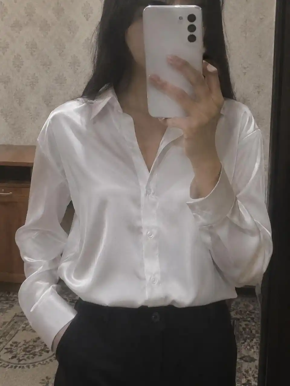Ayollar atlas ko'ylagi, uzun yengli bluzka, klassik libosli ofis bluzkasi S–3XL