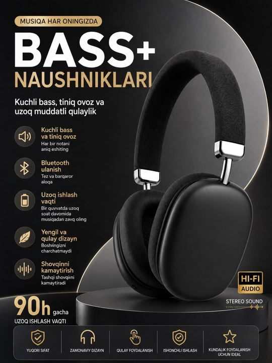 Bass+ p-2988 беспроводные bluetooth наушники hi-fi stereo, до 90 часов работы - 