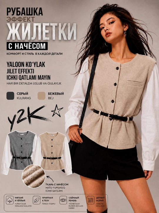 Ayollar ko‘ylagi jilet bilan, koreys uslubi Y2K - 