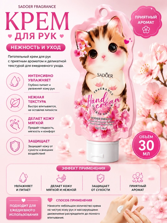 Крем для рук SADOER Hand Cream, 30 мл – увлажняющий, питательный, смягчающий - 