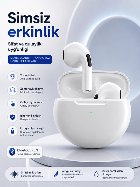 Pro 6 Bluetooth 5.3 simsiz TWS quloqchinlari sensorli boshqaruv va quvvatlash qutisi bilan - 
