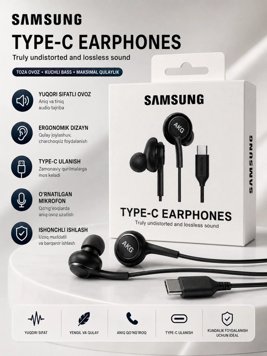 Проводные наушники Samsung AKG Type-C со стереозвуком Hi-Fi и шумоподавлением - 