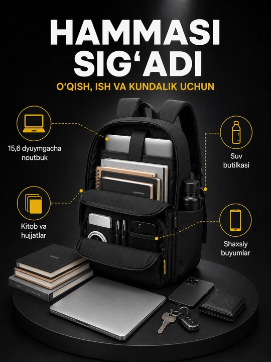 Shahar maktab ryukzagi USB quvvatlash porti bilan, suv o'tkazmaydigan, noutbuk uchun