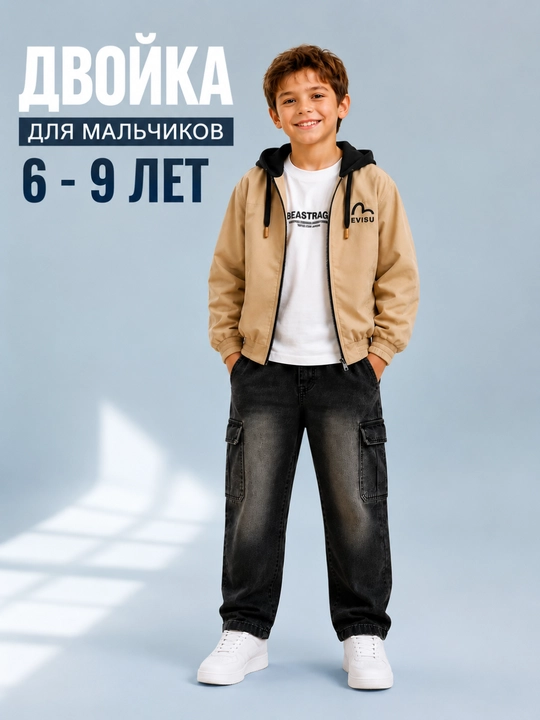 Детская одежда для мальчиков, тройка 8–10 лет, куртка футболка брюки комплект - 