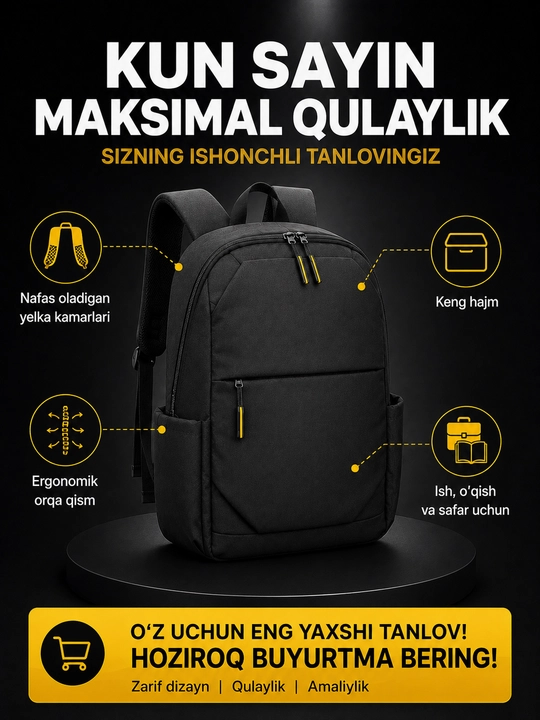 Shahar maktab ryukzagi USB quvvatlash porti bilan, suv o'tkazmaydigan, noutbuk uchun