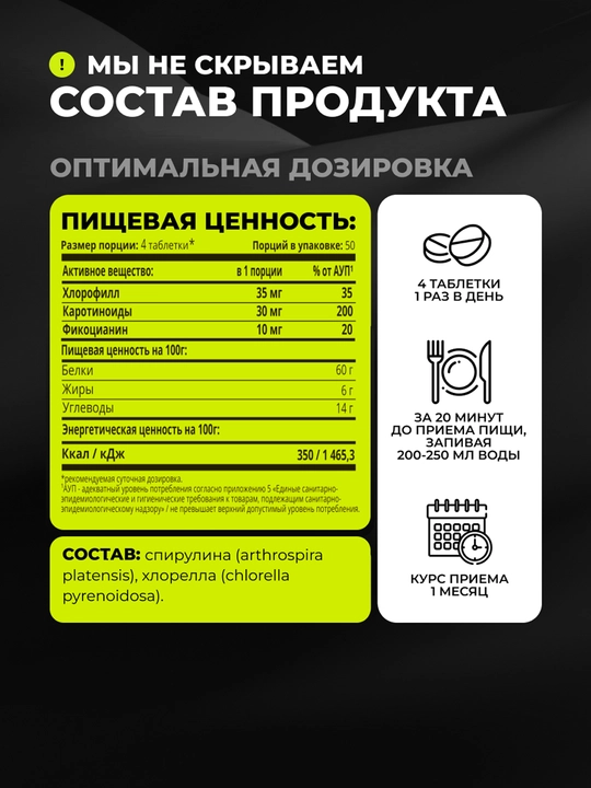 Хлорелла + Спирулина 1WIN, бад, детокс и очищение организма, контроль аппетита, похудение