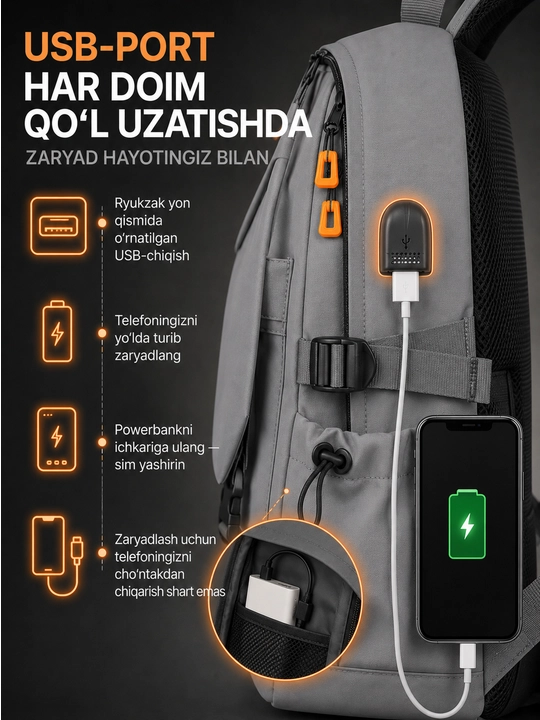 Shahar maktab ryukzagi USB quvvatlash porti bilan, suv o'tkazmaydigan, noutbuk uchun