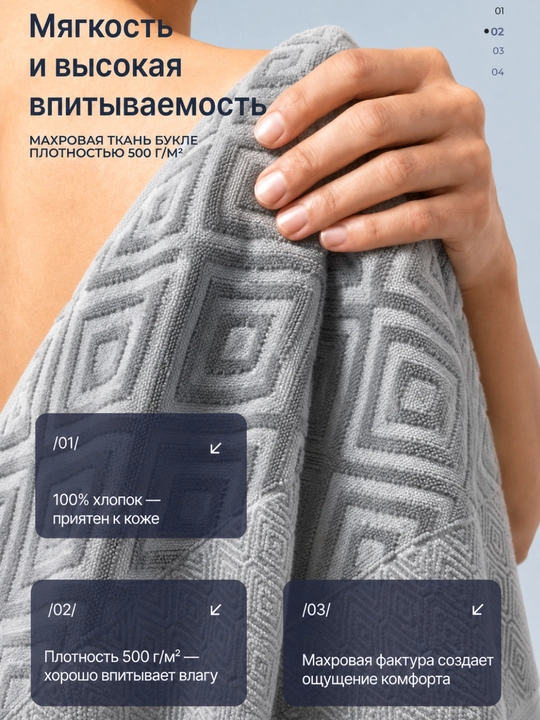 Полотенце махровое хлопковое 500 г/м², 50×90 и 70×140 см