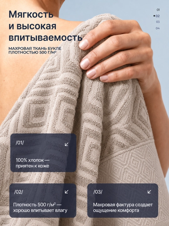 Полотенце махровое хлопковое 500 г/м², 50×90 и 70×140 см