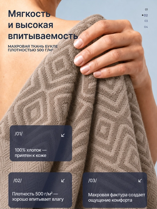 Полотенце махровое хлопковое 500 г/м², 50×90 и 70×140 см
