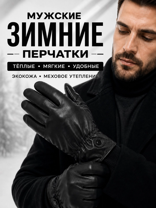 Мужские зимние перчатки, тёплые с мехом, из экокожи - 