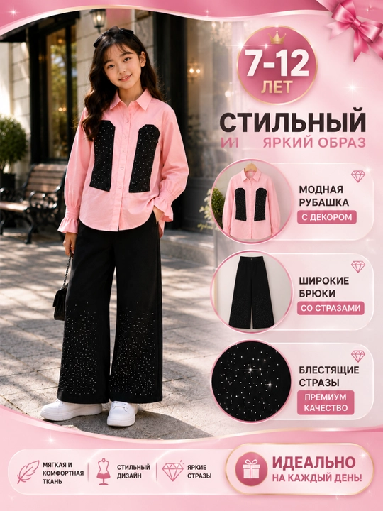 Комплект одежды для девочки 2 части: рубашка с декором и широкие брюки, 7–12 лет - 