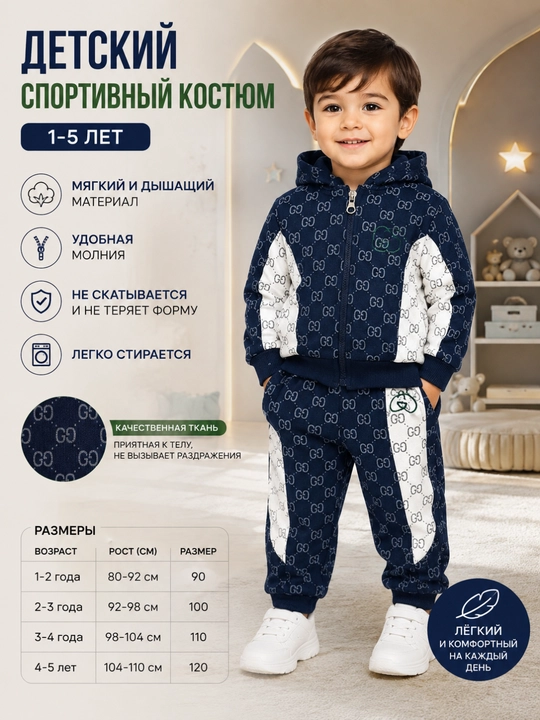 Детский спортивный костюм-двойка с капюшоном, 1–5 лет - 