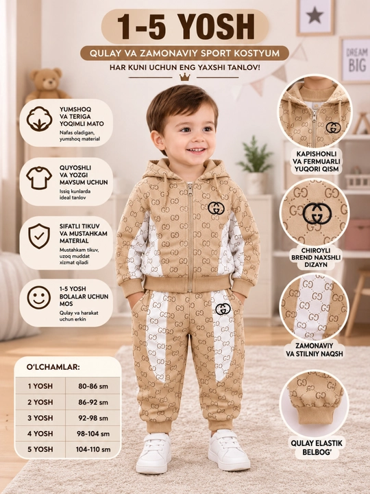 Детский спортивный костюм-двойка с капюшоном, 1–5 лет - 